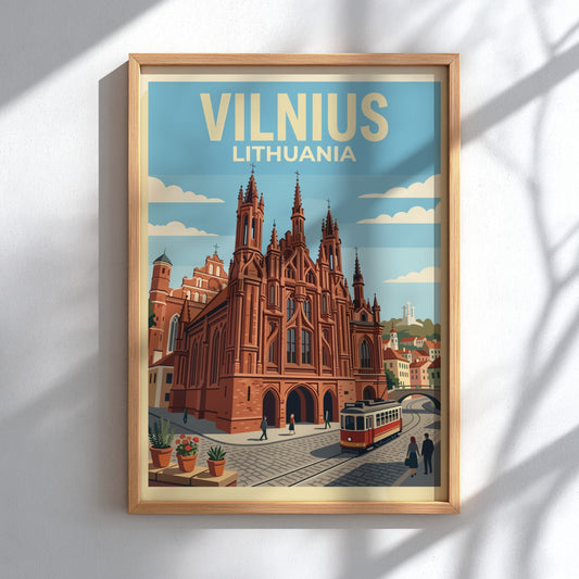 Vintage style Vilnius Lithuania travel poster featuring red gothic church and street tram