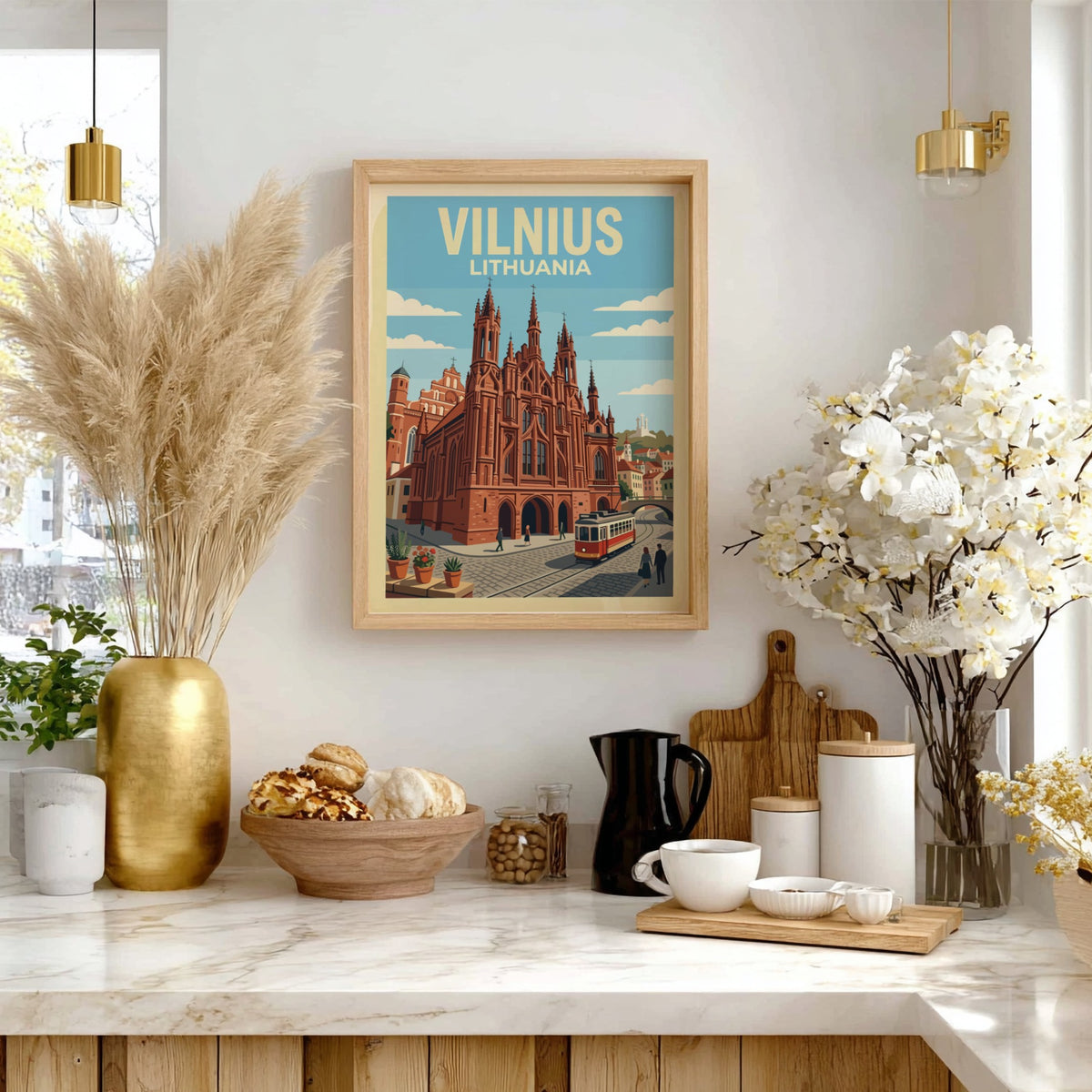 Vintage style Vilnius Lithuania travel poster featuring red gothic church and street tram