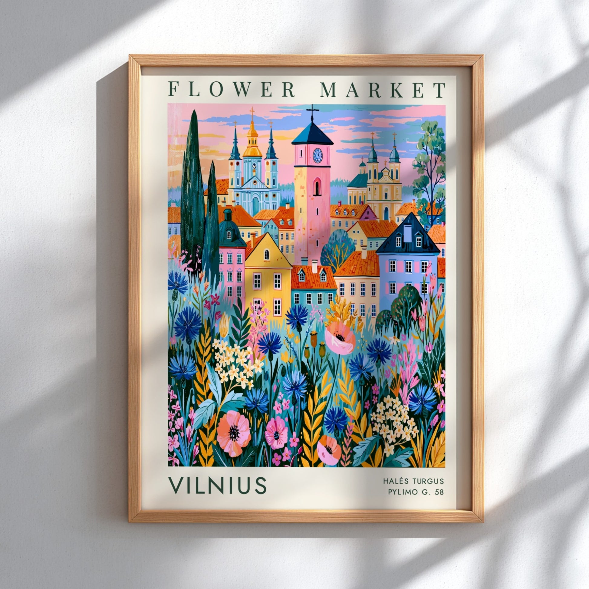 Vibrant travel poster featuring a flower market and city skyline in Vilnius with colorful blooms and charming