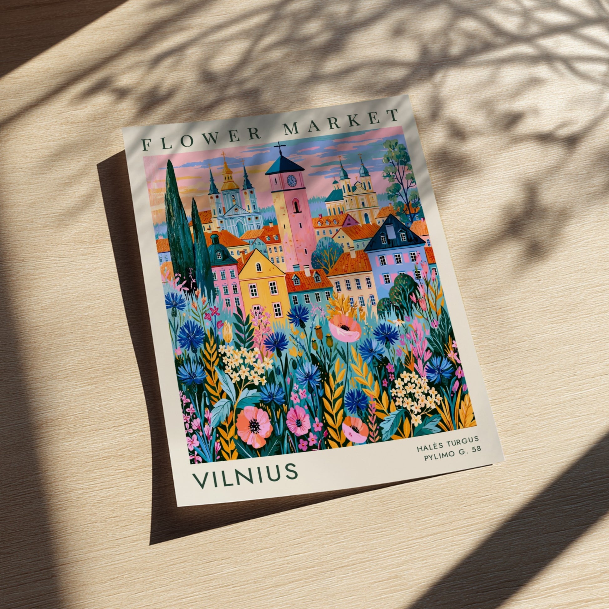 Vibrant travel poster featuring a flower market and city skyline in Vilnius with colorful blooms and charming