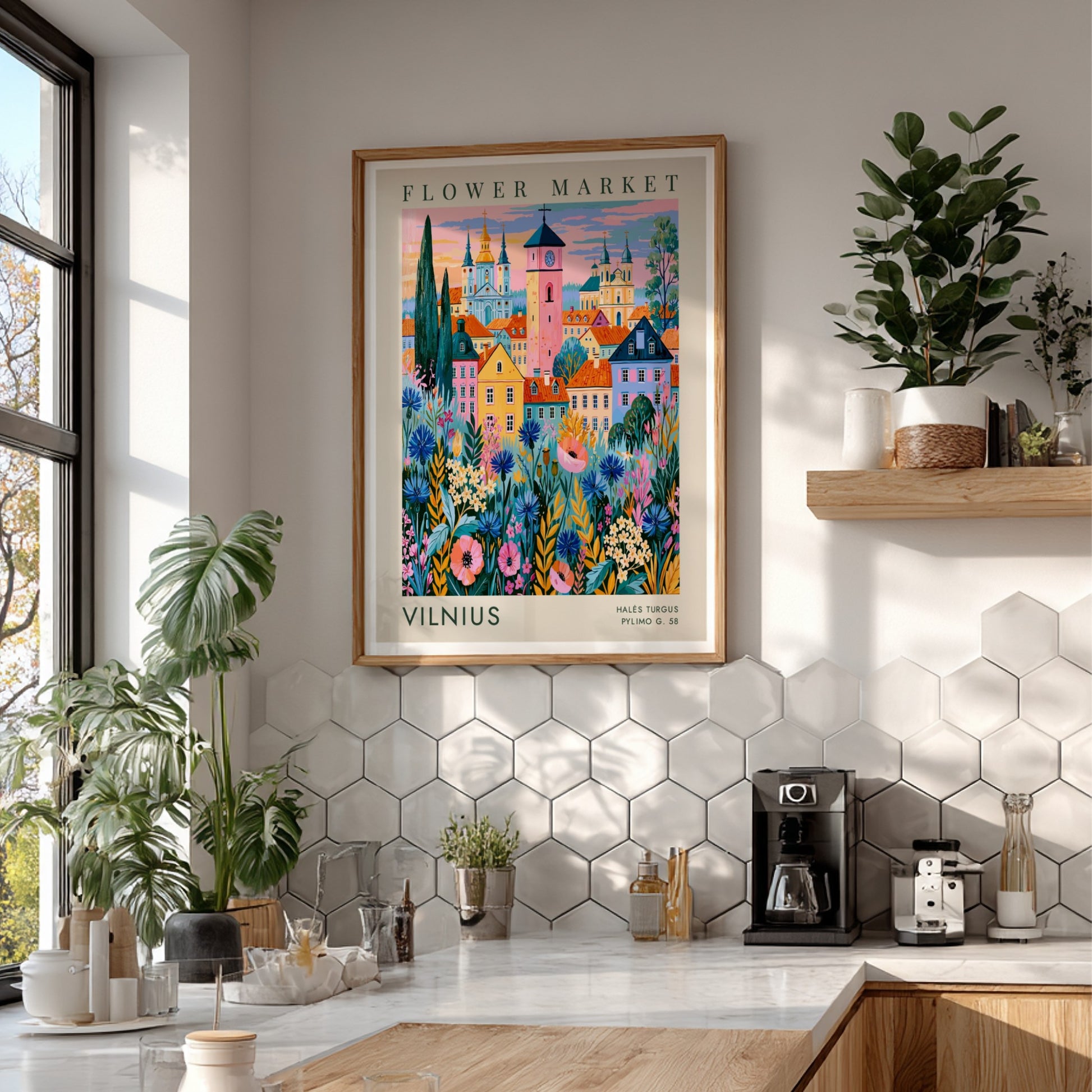 Vibrant travel poster featuring a flower market and city skyline in Vilnius with colorful blooms and charming