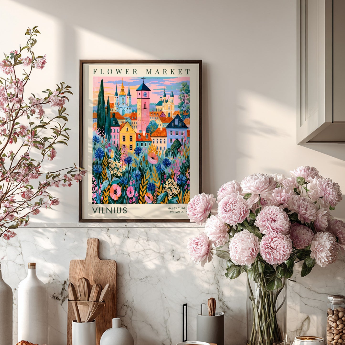 Vibrant travel poster featuring a flower market and city skyline in Vilnius with colorful blooms and charming