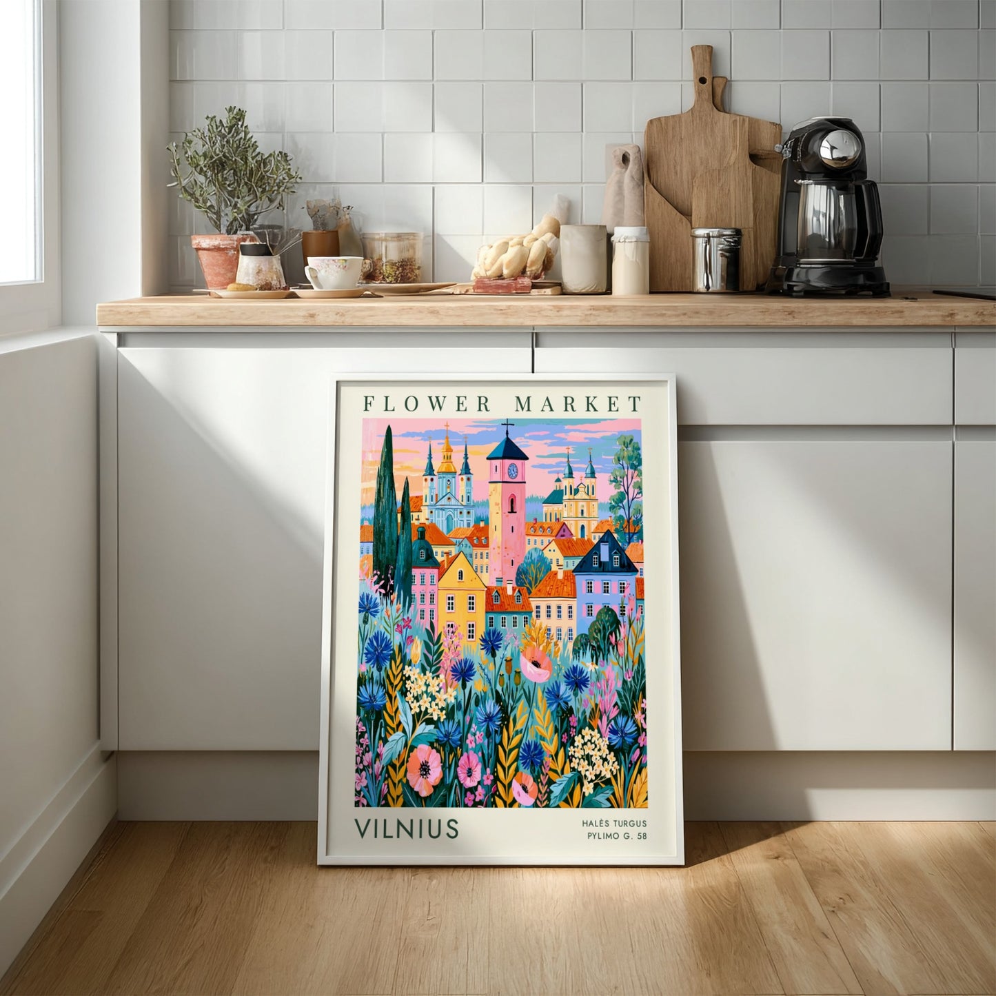 Vibrant travel poster featuring a flower market and city skyline in Vilnius with colorful blooms and charming