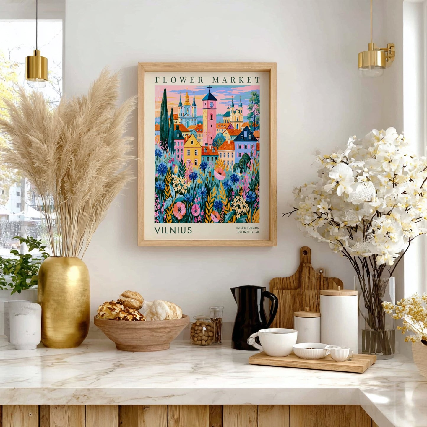 Vibrant travel poster featuring a flower market and city skyline in Vilnius with colorful blooms and charming