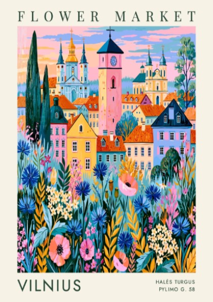 Vibrant travel poster featuring a flower market and city skyline in Vilnius with colorful blooms and charming
