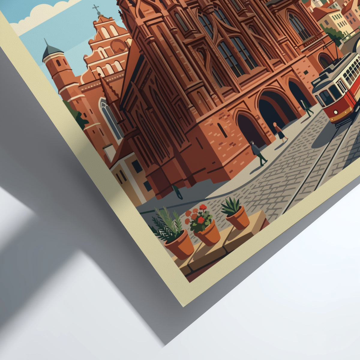 Vintage style Vilnius Lithuania travel poster featuring red gothic church and street tram