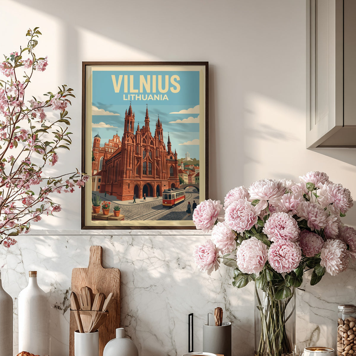 Vintage style Vilnius Lithuania travel poster featuring red gothic church and street tram