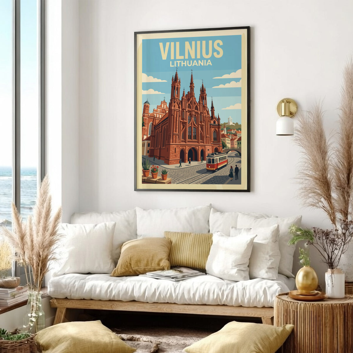 Vintage style Vilnius Lithuania travel poster featuring red gothic church and street tram