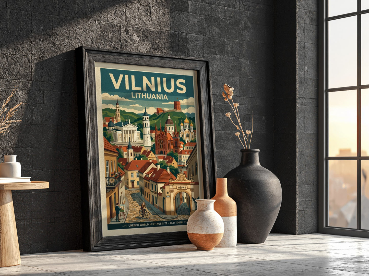 Travel poster of Vilnius Lithuania featuring the Old Town, historic cathedrals, and Uzupis.