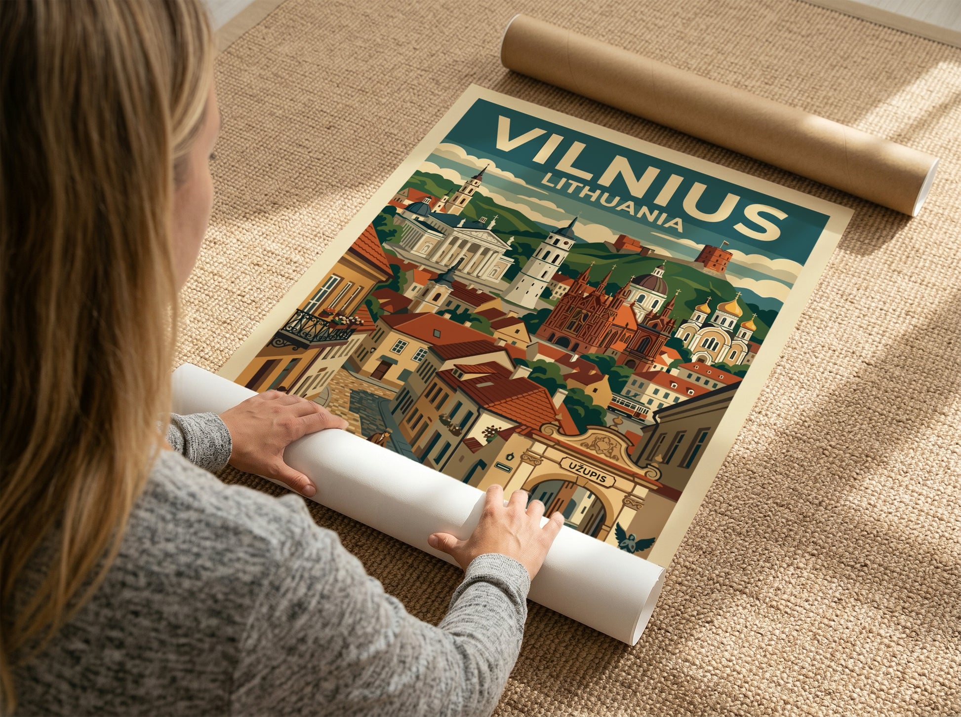 Travel poster of Vilnius Lithuania featuring the Old Town, historic cathedrals, and Uzupis.