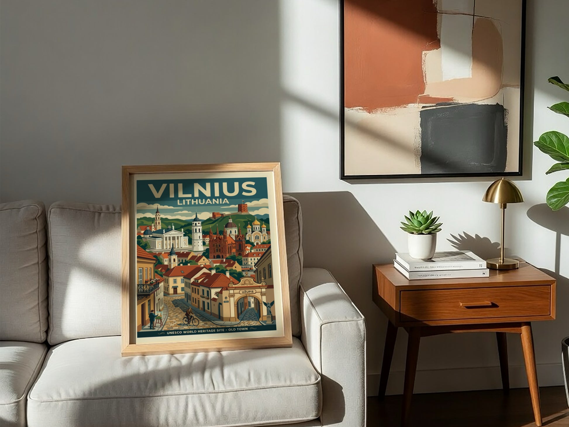 Travel poster of Vilnius Lithuania featuring the Old Town, historic cathedrals, and Uzupis.