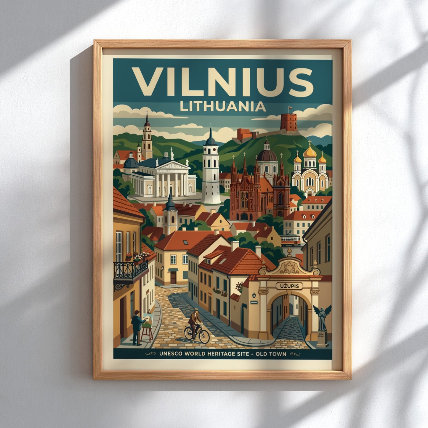Travel poster of Vilnius Lithuania featuring the Old Town, historic cathedrals, and Uzupis.
