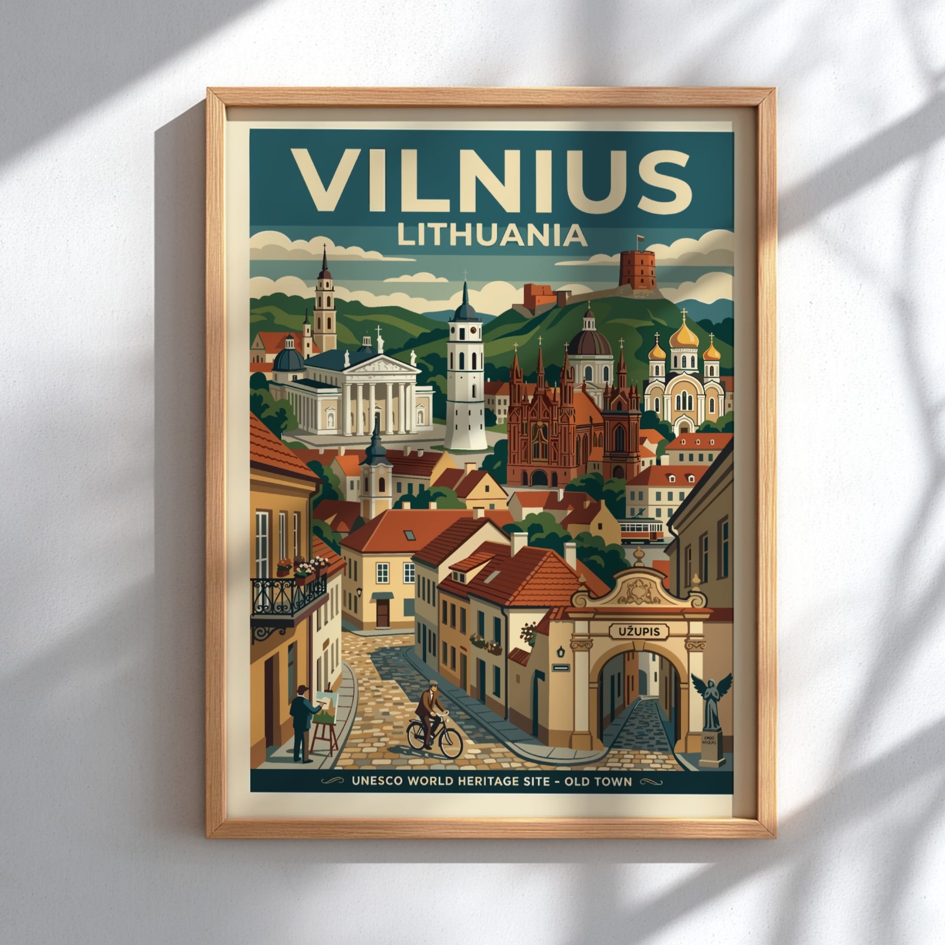 Travel poster of Vilnius Lithuania featuring the Old Town, historic cathedrals, and Uzupis.