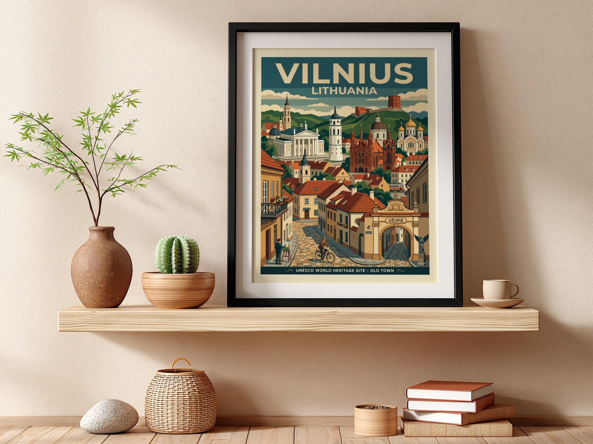 Travel poster of Vilnius Lithuania featuring the Old Town, historic cathedrals, and Uzupis.
