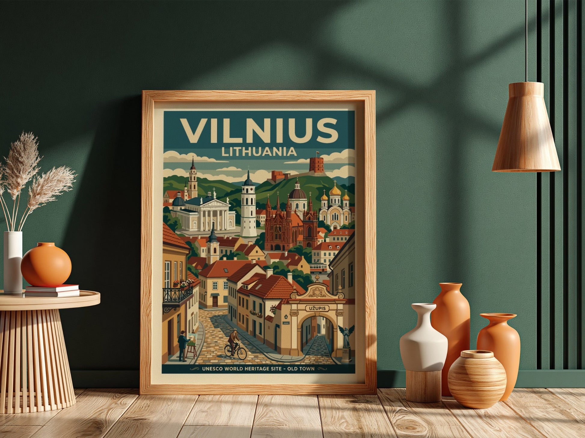 Travel poster of Vilnius Lithuania featuring the Old Town, historic cathedrals, and Uzupis.
