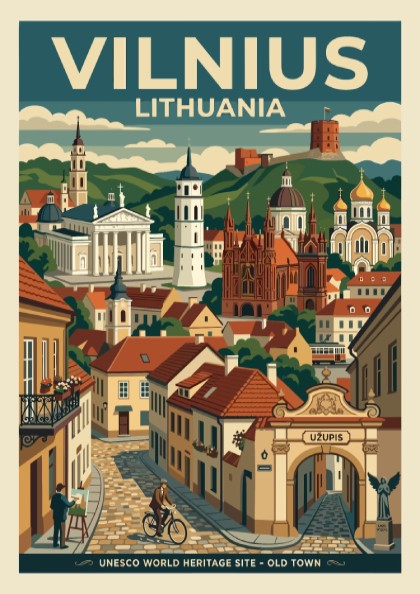 Travel poster of Vilnius Lithuania featuring the Old Town, historic cathedrals, and Uzupis.