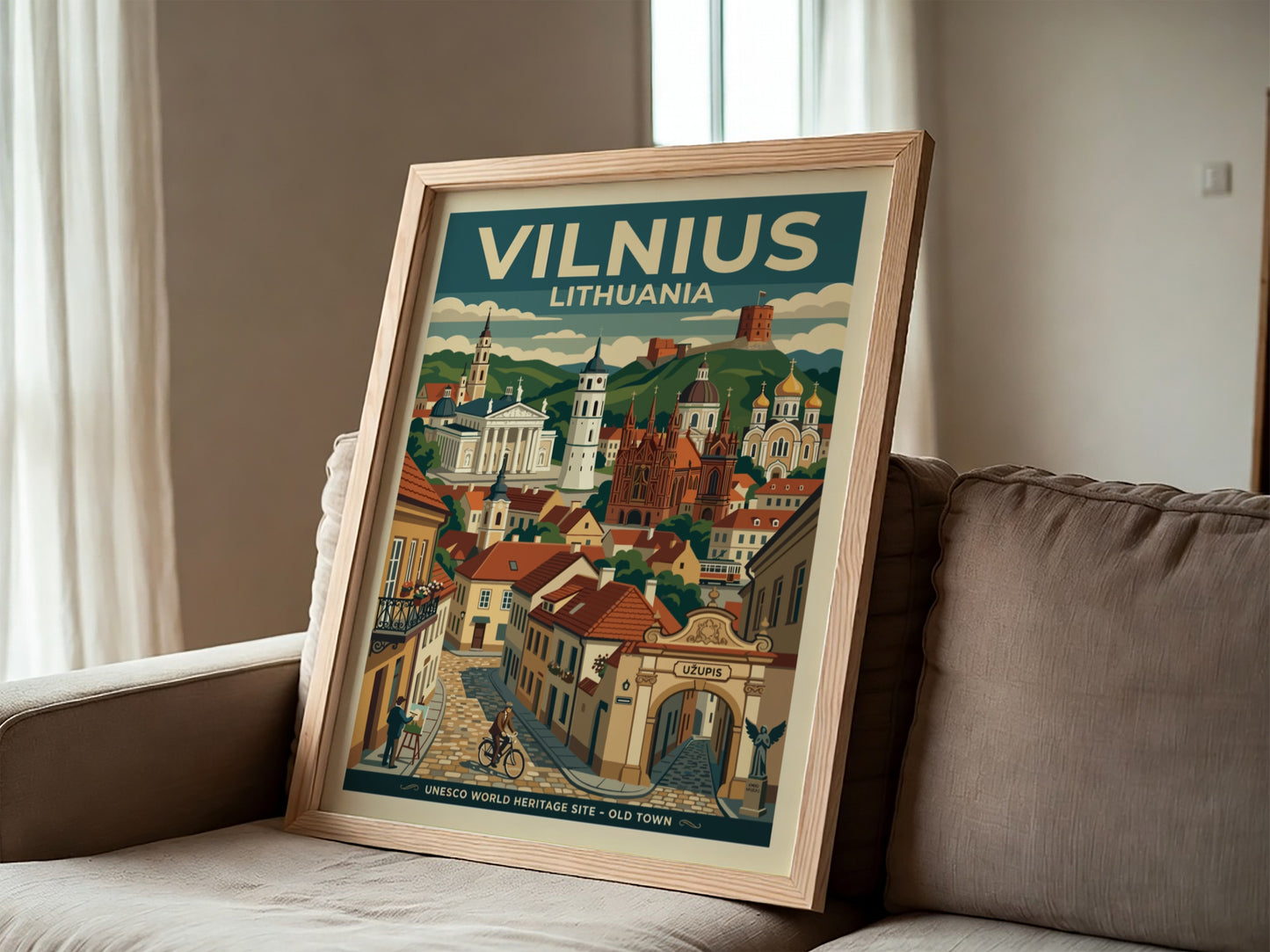 Travel poster of Vilnius Lithuania featuring the Old Town, historic cathedrals, and Uzupis.