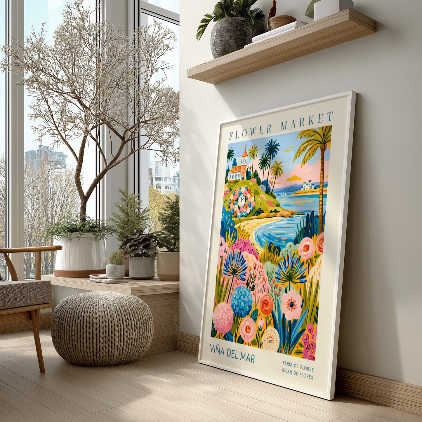 Travel poster featuring the Viña del Mar floral clock, beach, and colorful flowers.