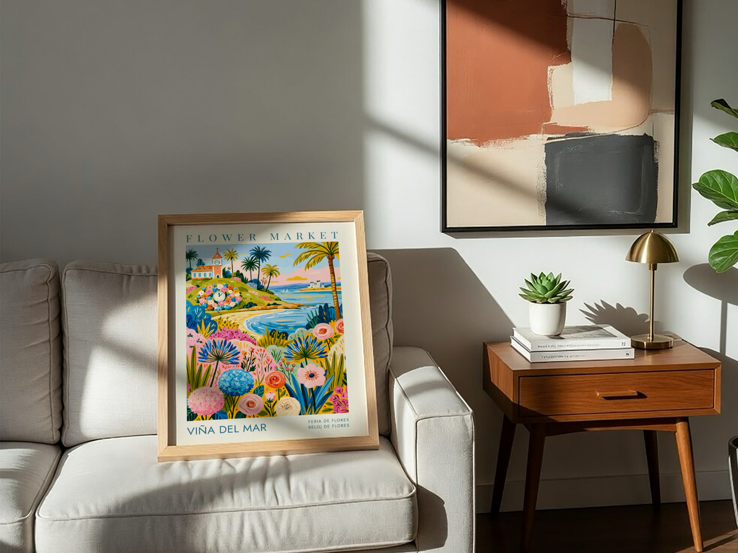 Travel poster featuring the Viña del Mar floral clock, beach, and colorful flowers.