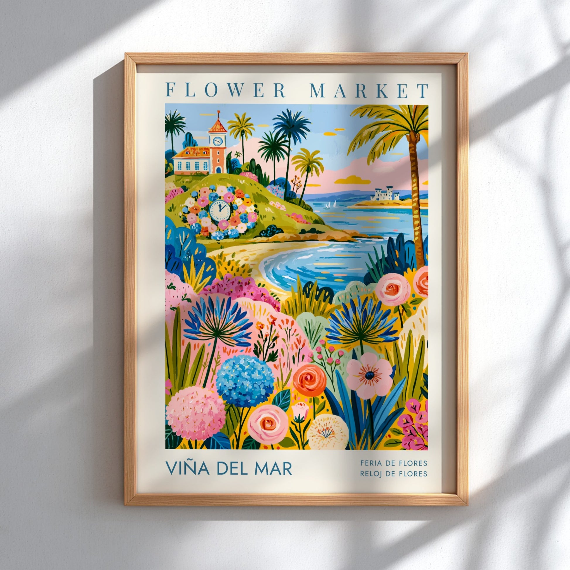 Travel poster featuring the Viña del Mar floral clock, beach, and colorful flowers.