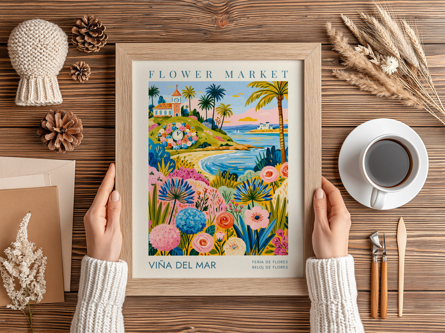 Travel poster featuring the Viña del Mar floral clock, beach, and colorful flowers.
