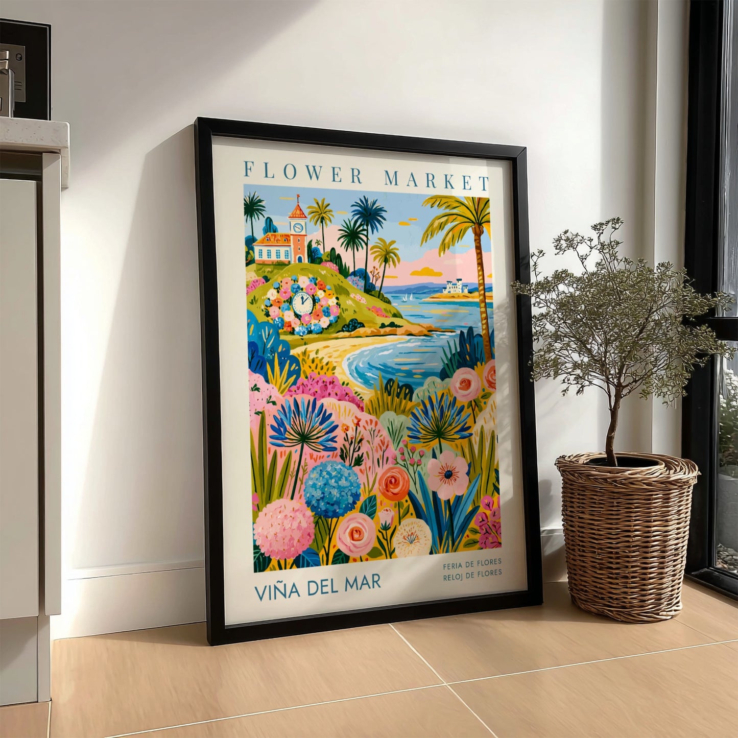 Travel poster featuring the Viña del Mar floral clock, beach, and colorful flowers.