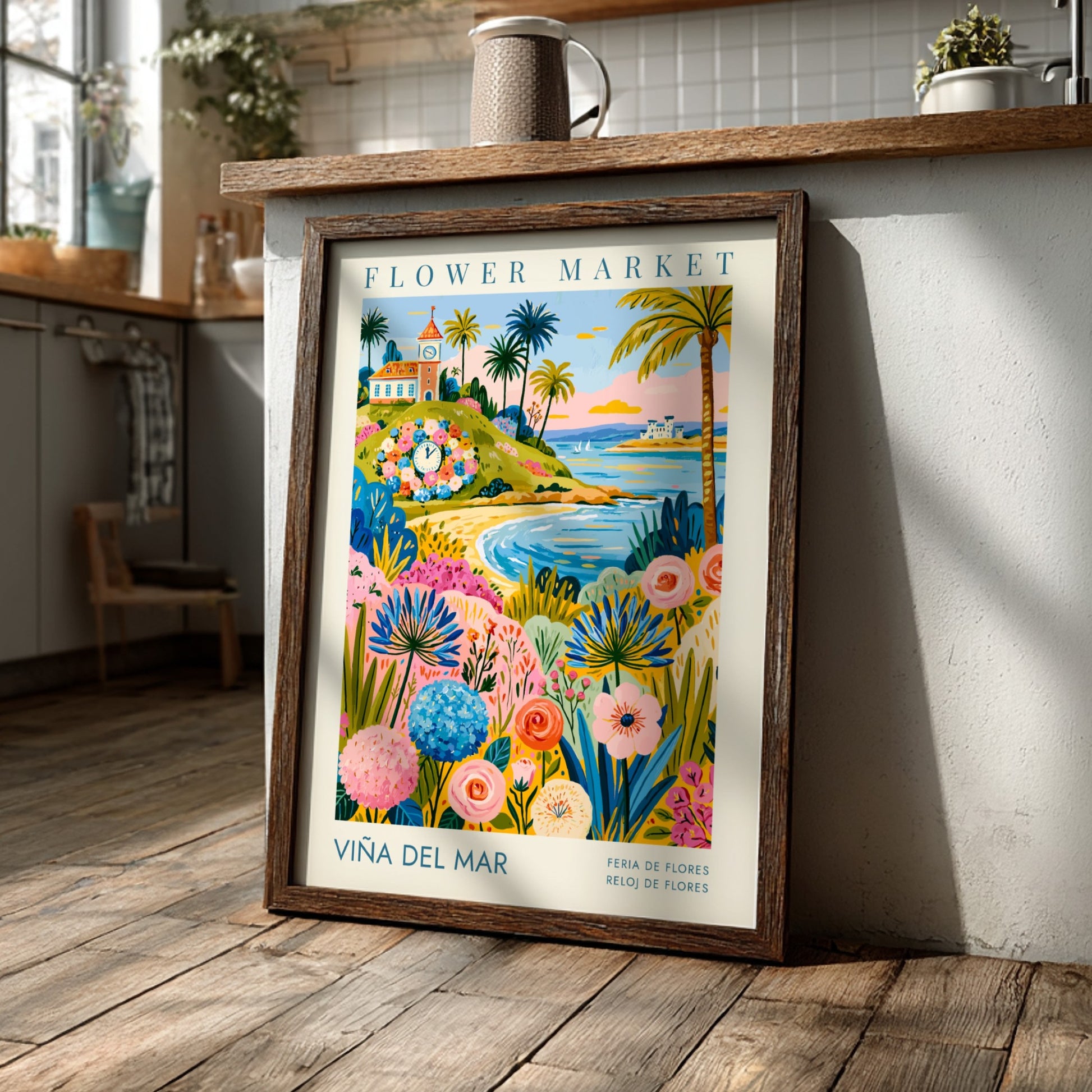 Travel poster featuring the Viña del Mar floral clock, beach, and colorful flowers.