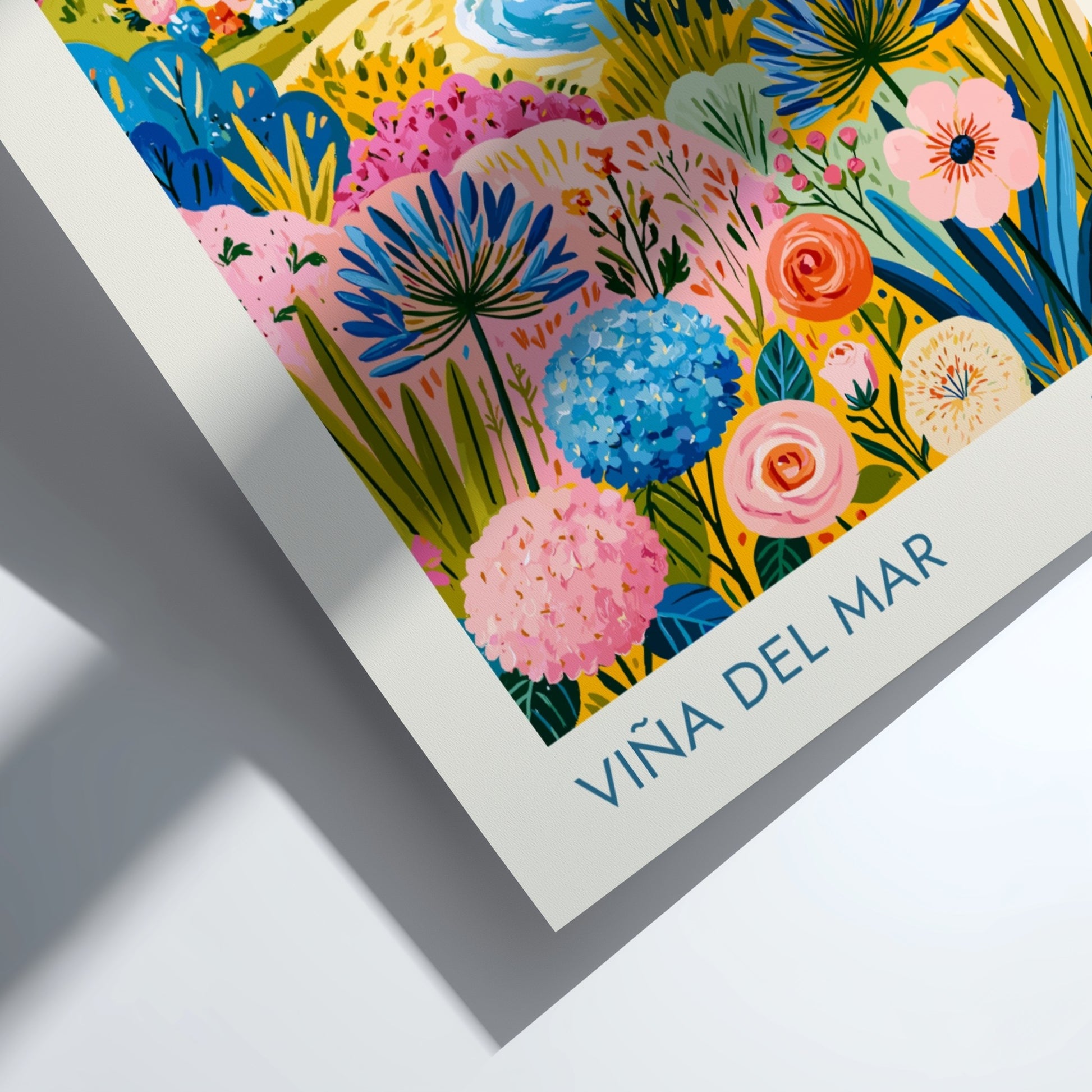 Travel poster featuring the Viña del Mar floral clock, beach, and colorful flowers.