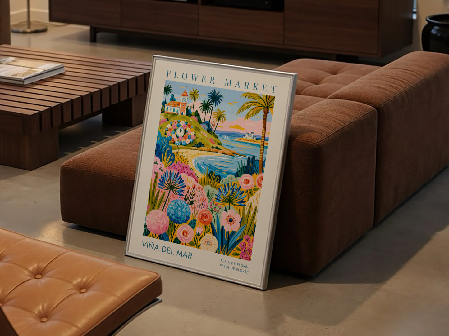 Travel poster featuring the Viña del Mar floral clock, beach, and colorful flowers.