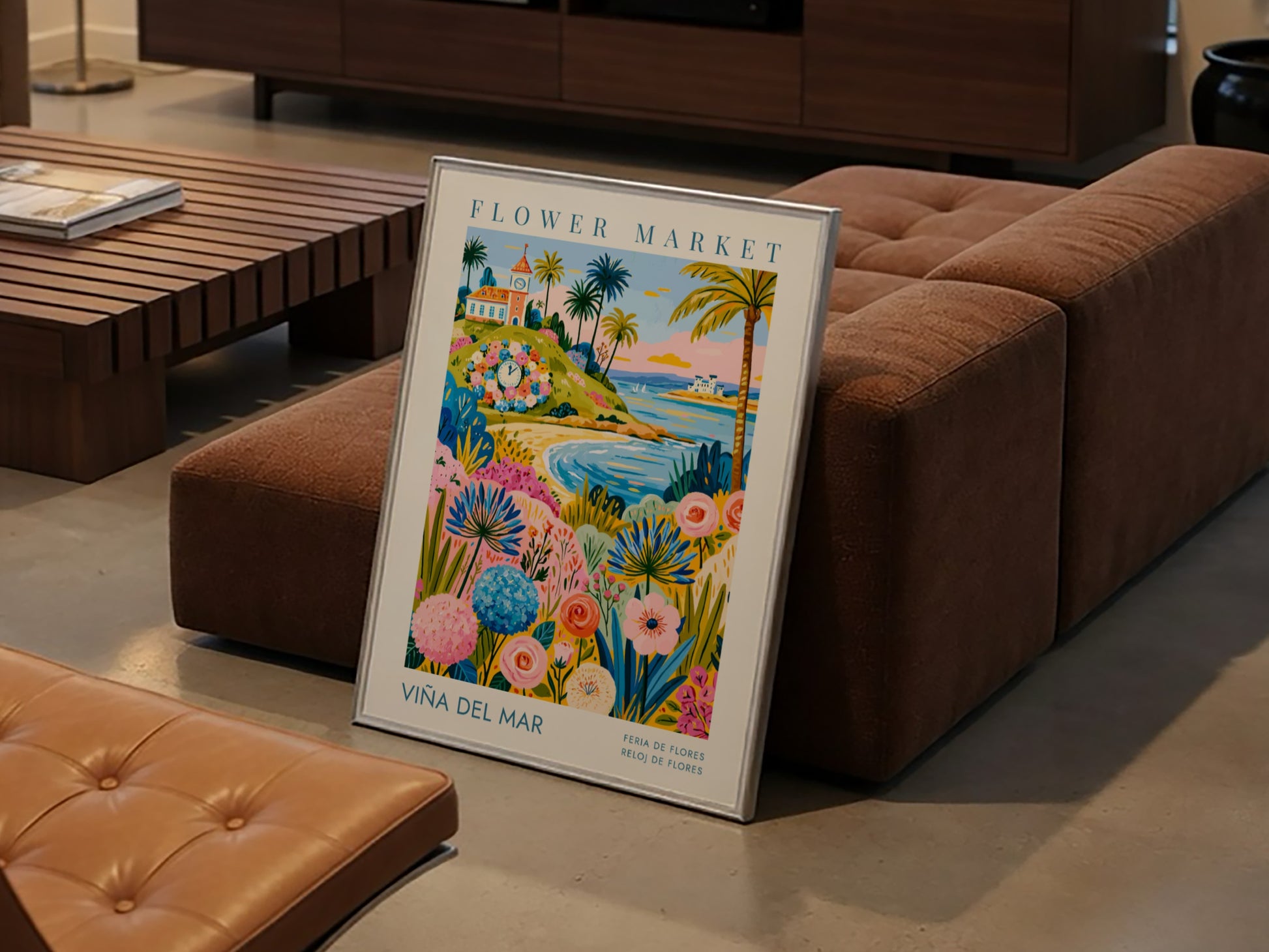 Travel poster featuring the Viña del Mar floral clock, beach, and colorful flowers.