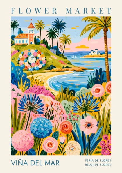Travel poster featuring the Viña del Mar floral clock, beach, and colorful flowers.