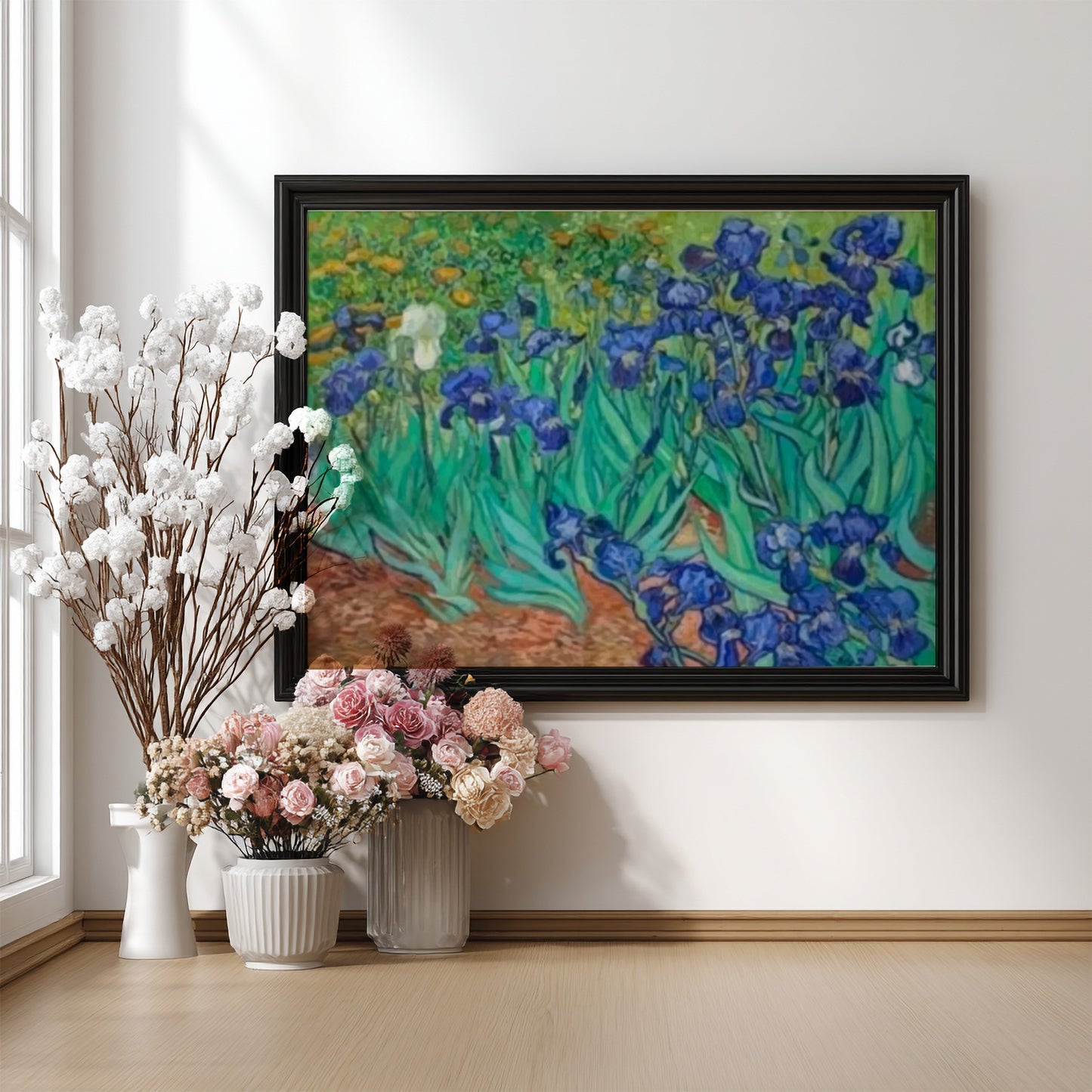 Vincent Van Gogh's Irises poster showcasing vibrant blue flowers and lush greenery, perfect for floral wall