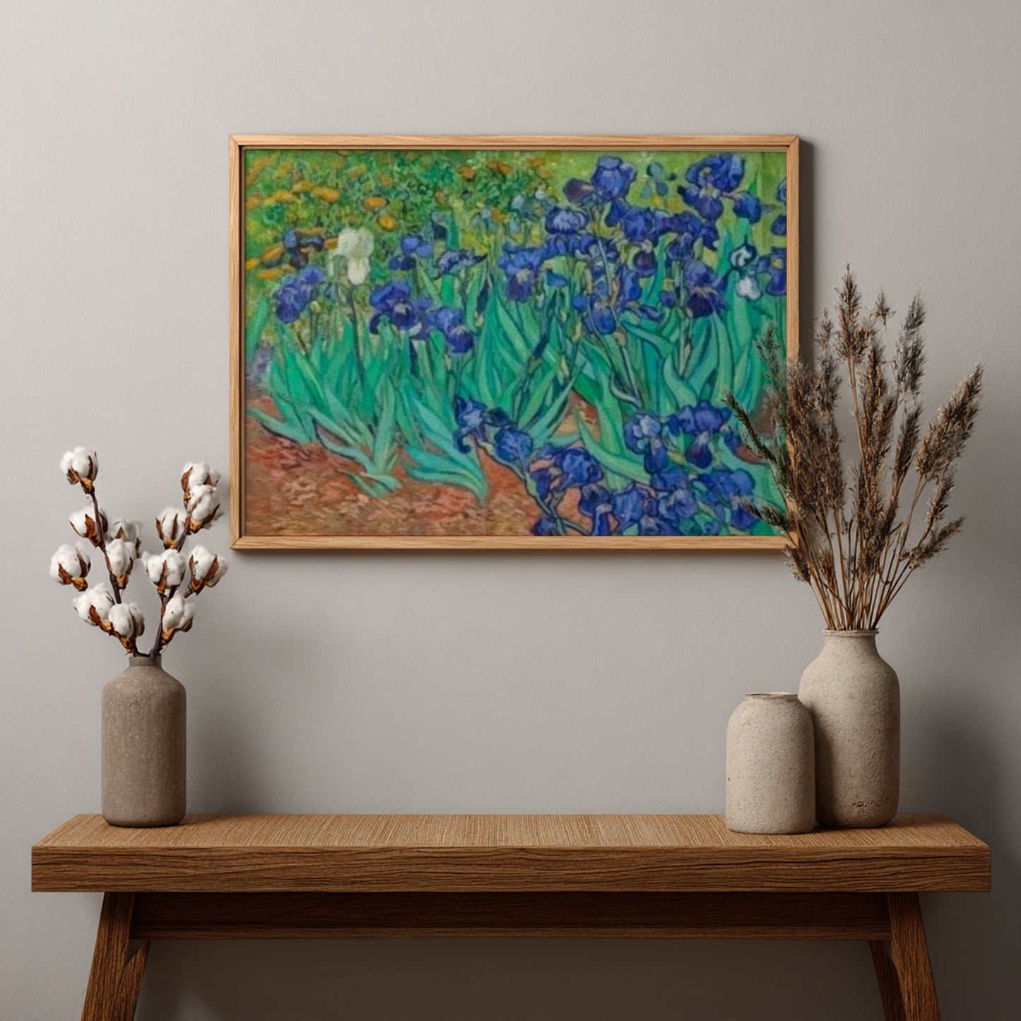 Vincent Van Gogh's Irises poster showcasing vibrant blue flowers and lush greenery, perfect for floral wall