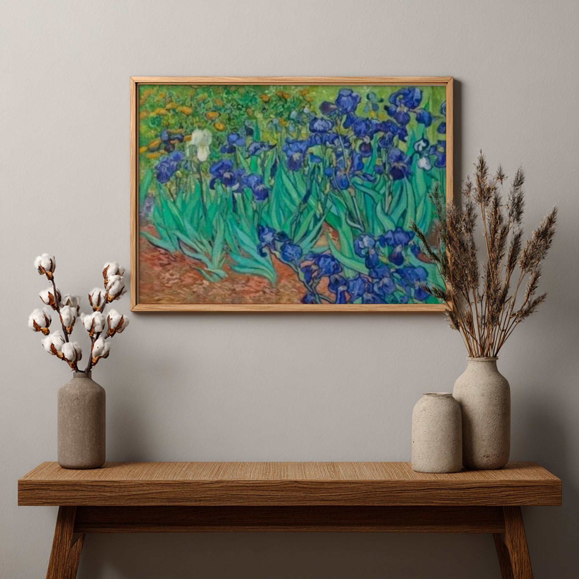 Vincent Van Gogh's Irises poster showcasing vibrant blue flowers and lush greenery, perfect for floral wall