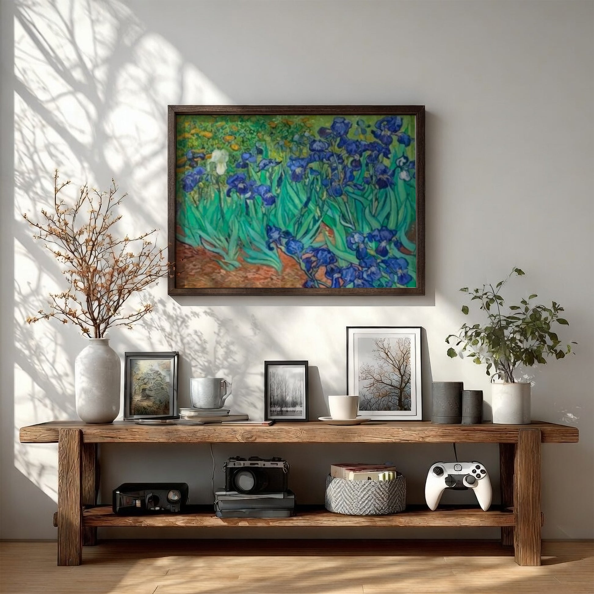Vincent Van Gogh's Irises poster showcasing vibrant blue flowers and lush greenery, perfect for floral wall