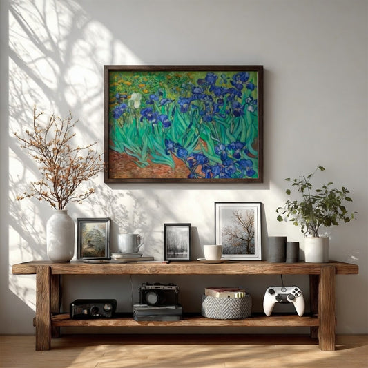 Vincent Van Gogh's Irises poster showcasing vibrant blue flowers and lush greenery, perfect for floral wall