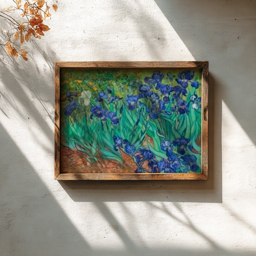 Vincent Van Gogh's Irises poster showcasing vibrant blue flowers and lush greenery, perfect for floral wall
