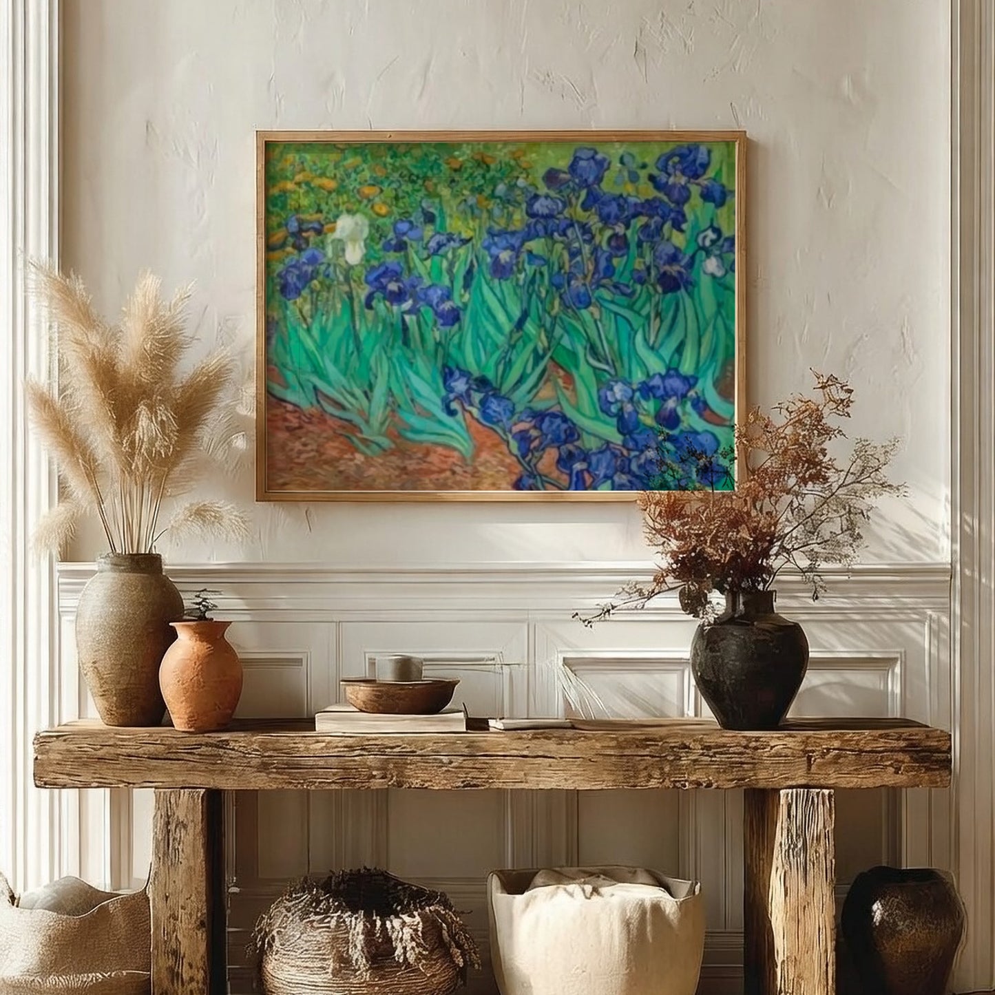 Vincent Van Gogh's Irises poster showcasing vibrant blue flowers and lush greenery, perfect for floral wall