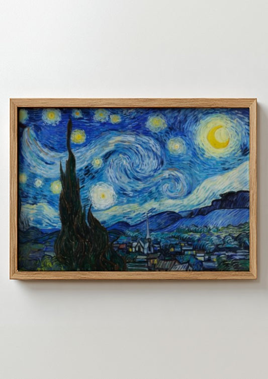 The Starry Night poster featuring swirling blue and yellow colors in an impressionist style.