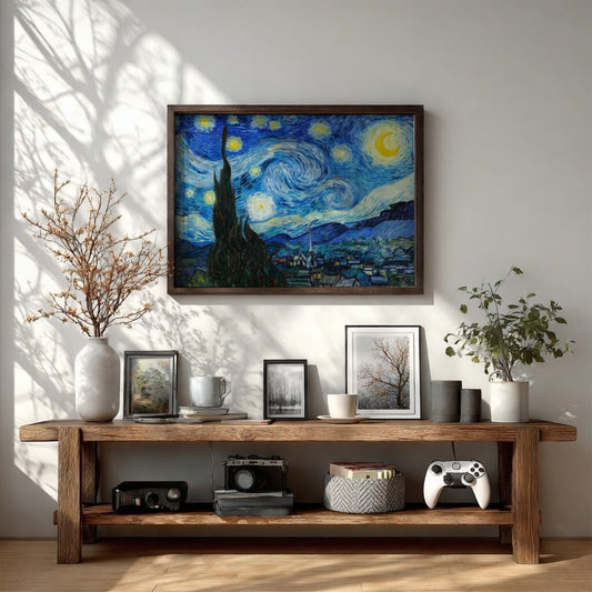The Starry Night poster featuring swirling blue and yellow colors in an impressionist style.