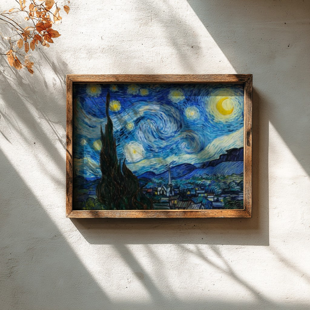 The Starry Night poster featuring swirling blue and yellow colors in an impressionist style.