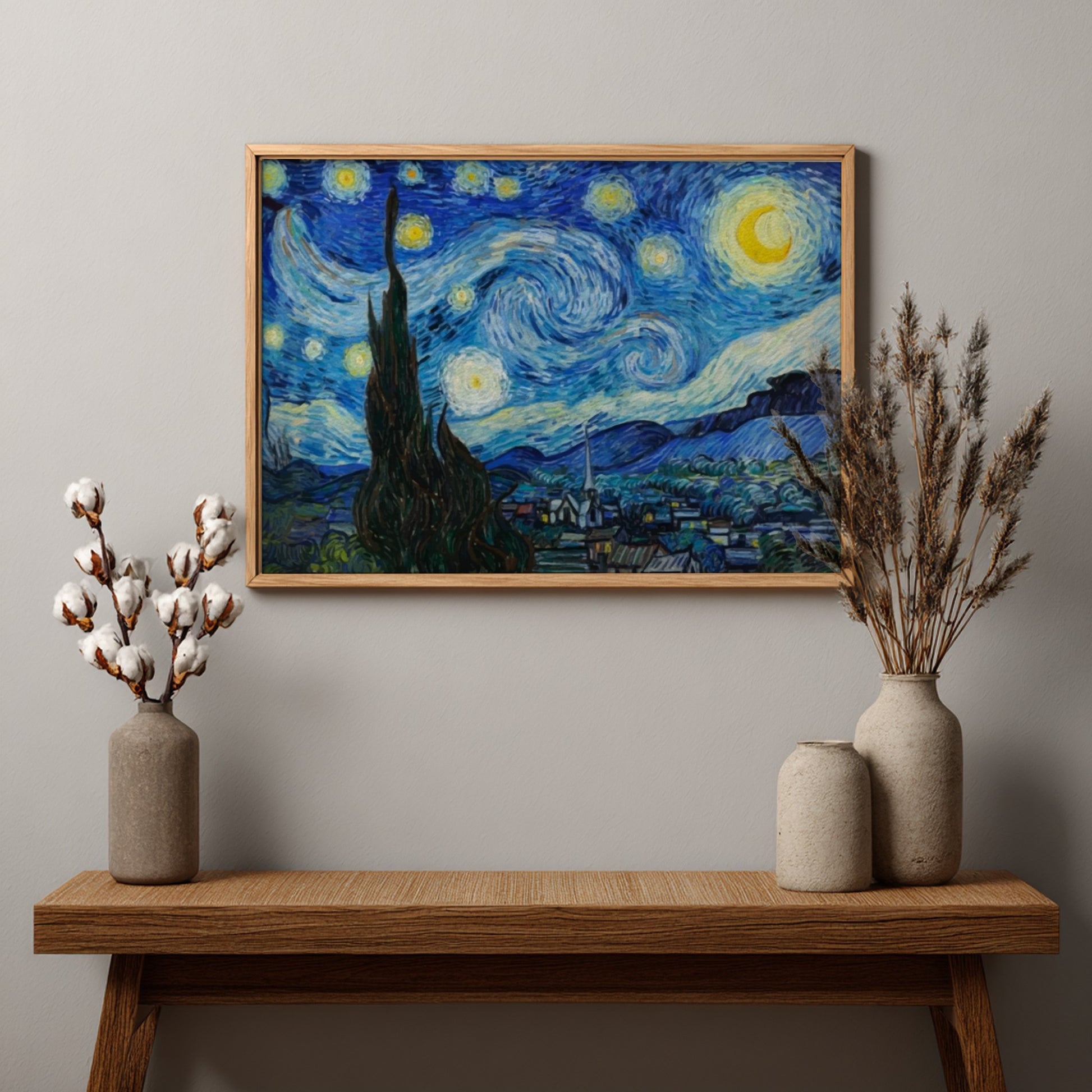 The Starry Night poster featuring swirling blue and yellow colors in an impressionist style.