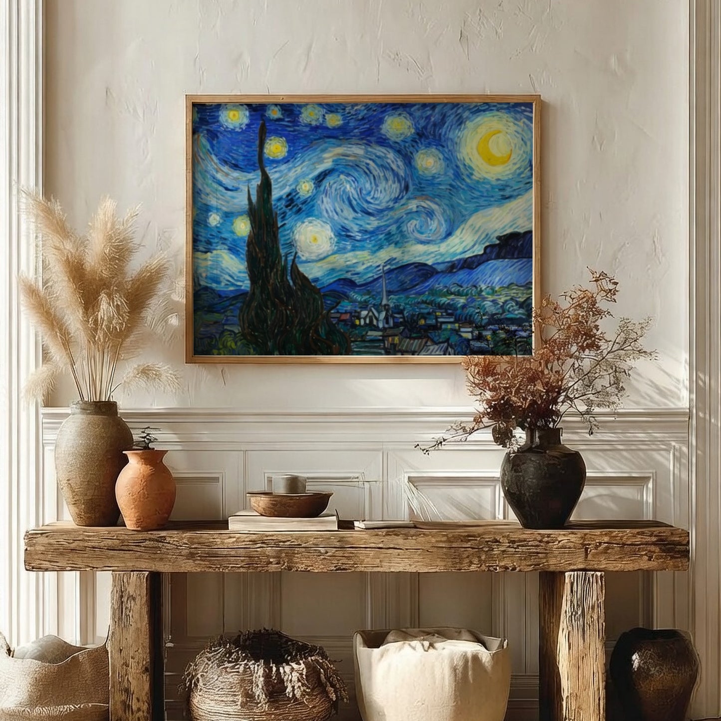 The Starry Night poster featuring swirling blue and yellow colors in an impressionist style.