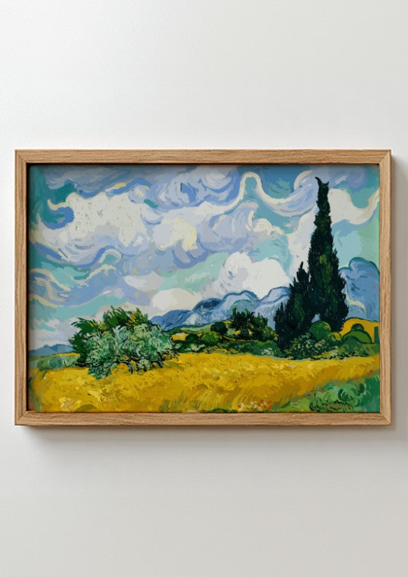 Wheat Field with Cypresses poster featuring vibrant colors and Impressionist style by Van Gogh