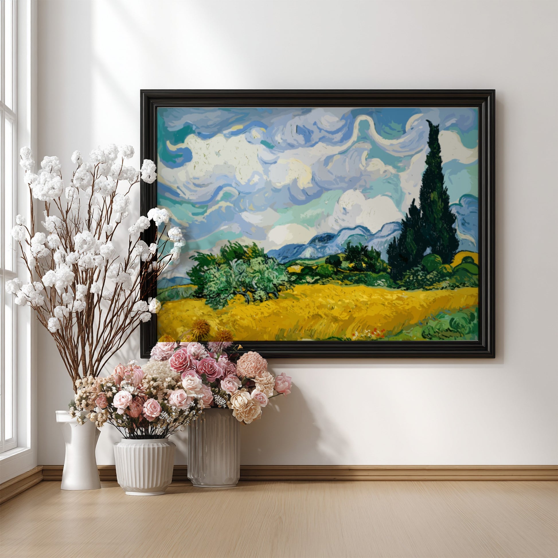 Wheat Field with Cypresses poster featuring vibrant colors and Impressionist style by Van Gogh