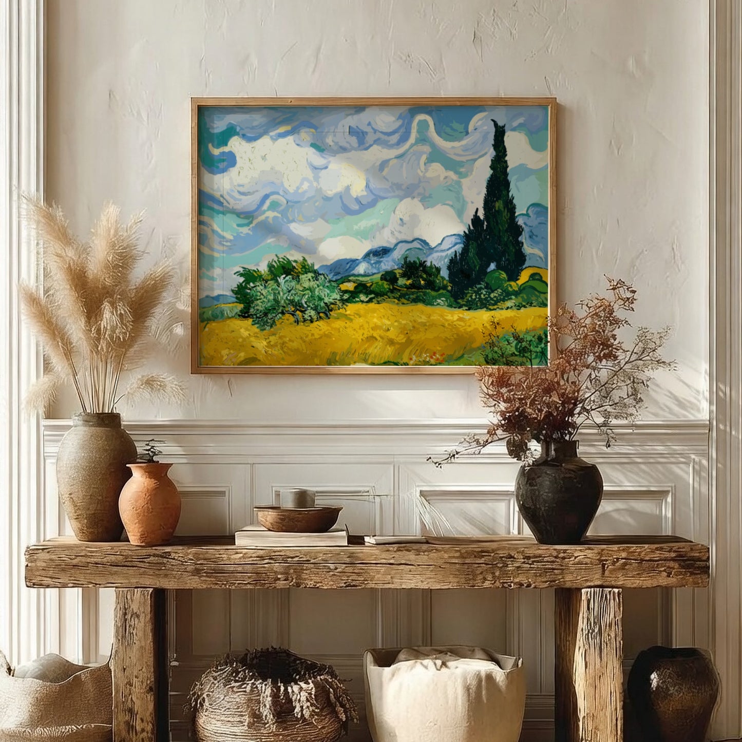 Wheat Field with Cypresses poster featuring vibrant colors and Impressionist style by Van Gogh