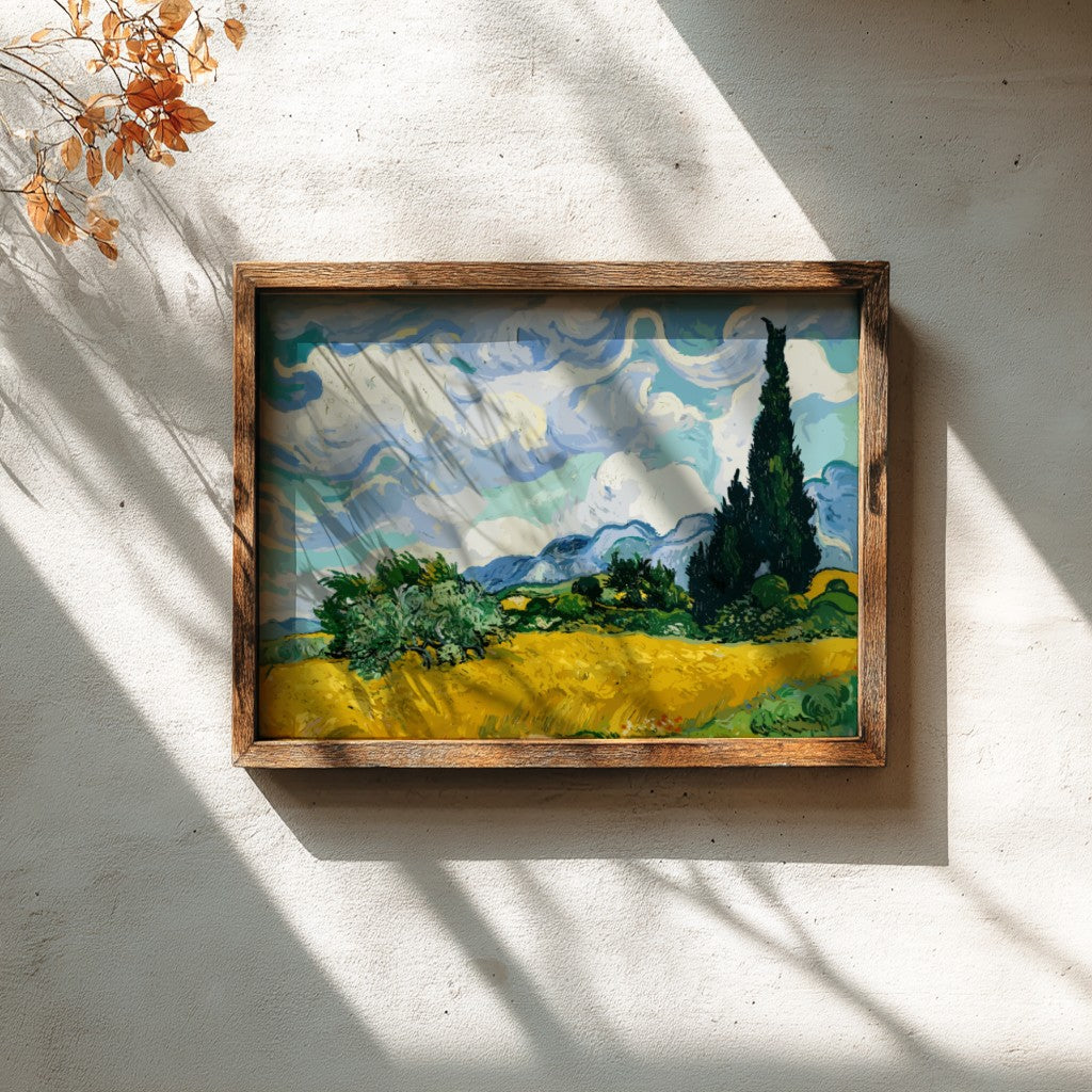 Wheat Field with Cypresses poster featuring vibrant colors and Impressionist style by Van Gogh