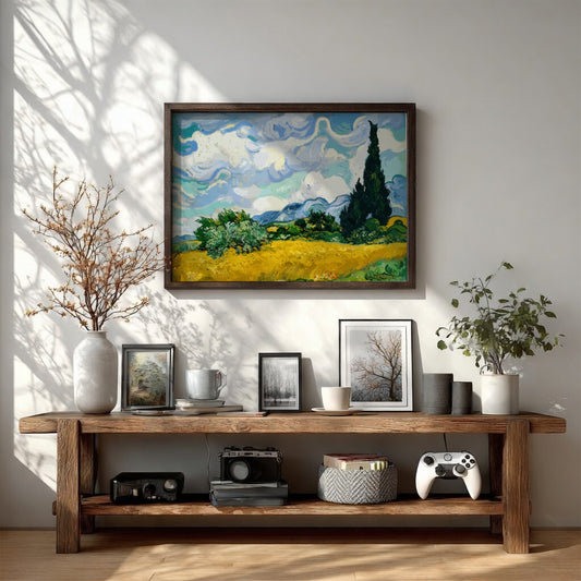 Wheat Field with Cypresses poster featuring vibrant colors and Impressionist style by Van Gogh