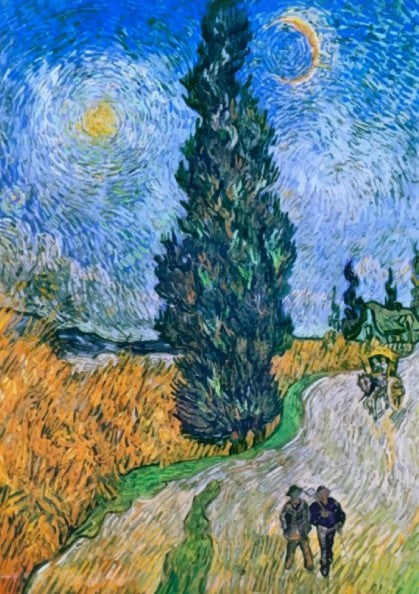 Famous art poster of Van Gogh's Road with Cypress and Star, featuring a tall cypress tree, a winding road,