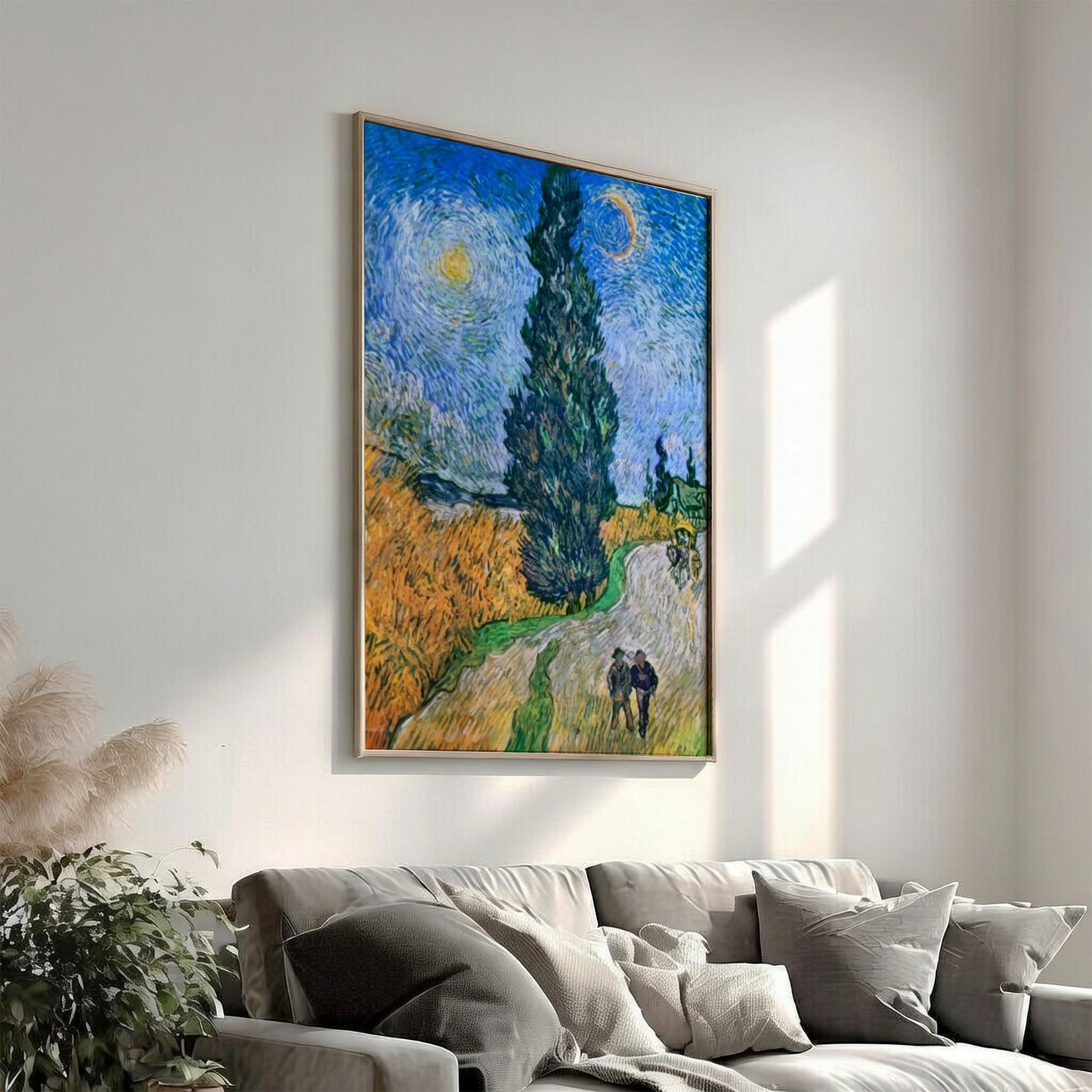 Famous art poster of Van Gogh's Road with Cypress and Star, featuring a tall cypress tree, a winding road,